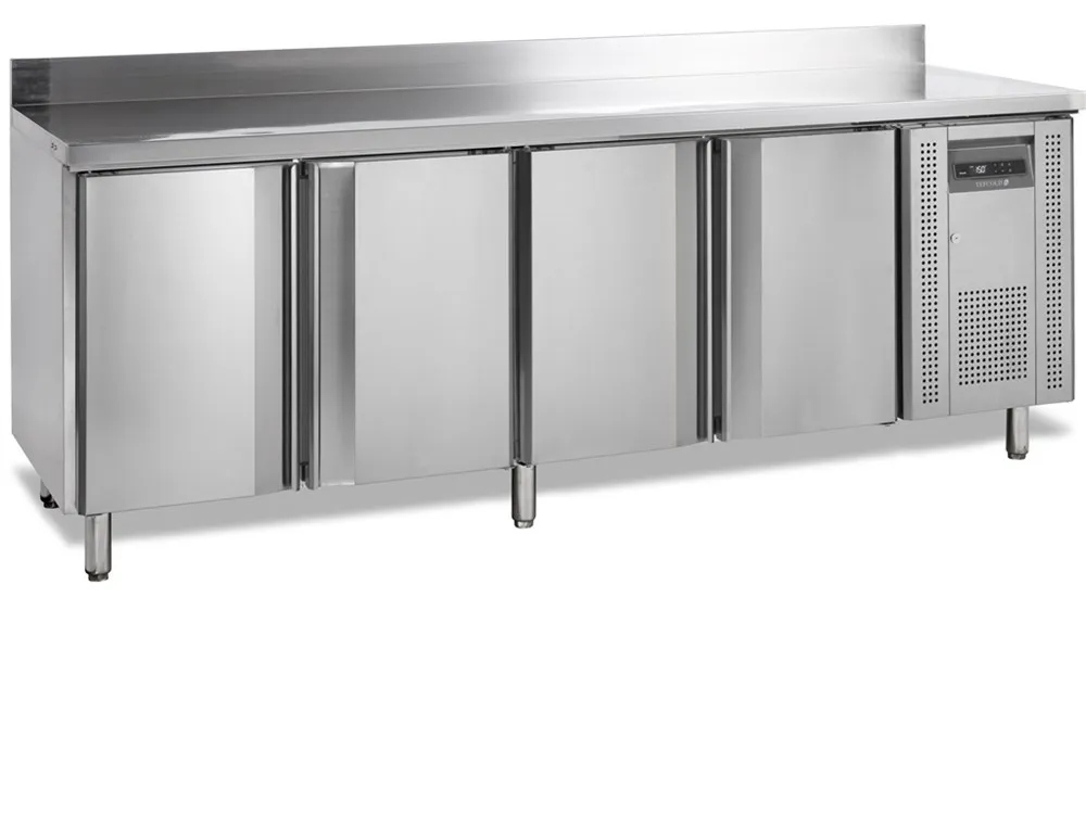 Tischkühlschrank Negativ aus Edelstahl mit Aufkantung - 4 Türen - 460 L