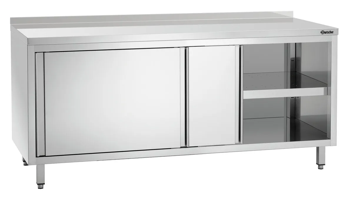 Möbel aus Edelstahl mit Schiebetüren, Regal und Rückwand - L 1800 mm