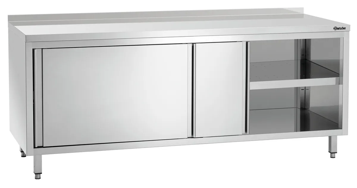 Möbel aus Edelstahl mit Schiebetüren, Regal und Rückwand - L 2000 mm