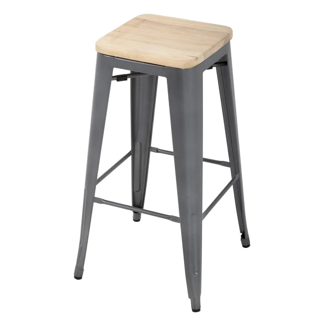 Grauer Bistro-Hocker aus Stahl mit Holzsitz - 4er-Set
