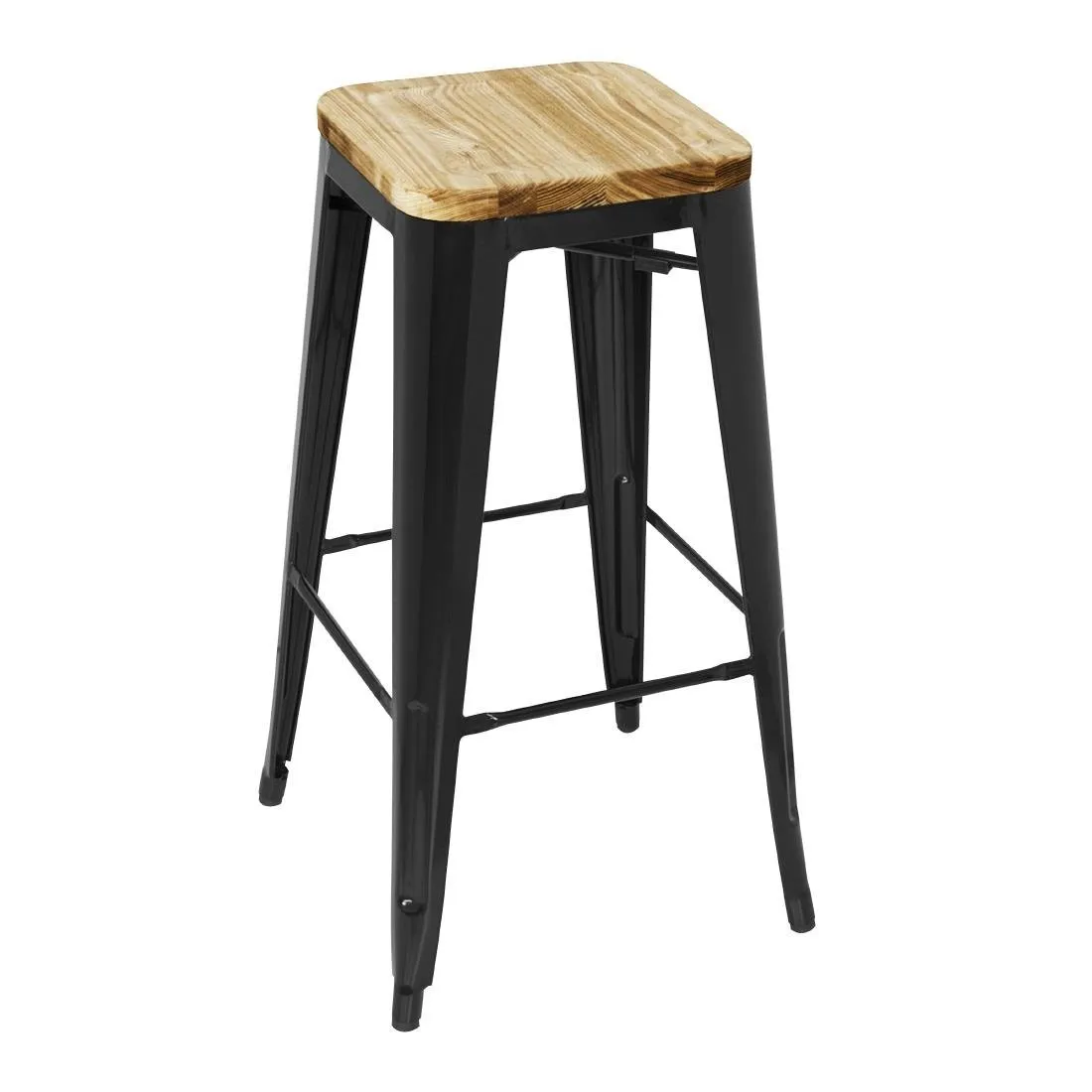 Schwarzer Bistro-Hocker aus Stahl mit Holzsitz - 4er-Set