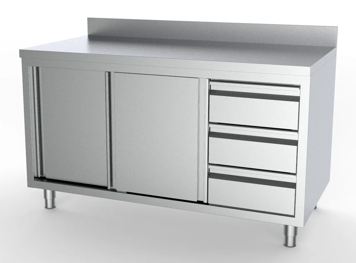 Edelstahl-Unterschrank mit Aufkantung - 2 Türen und 3 Schubladen rechts - L 1400 x T 700 mm