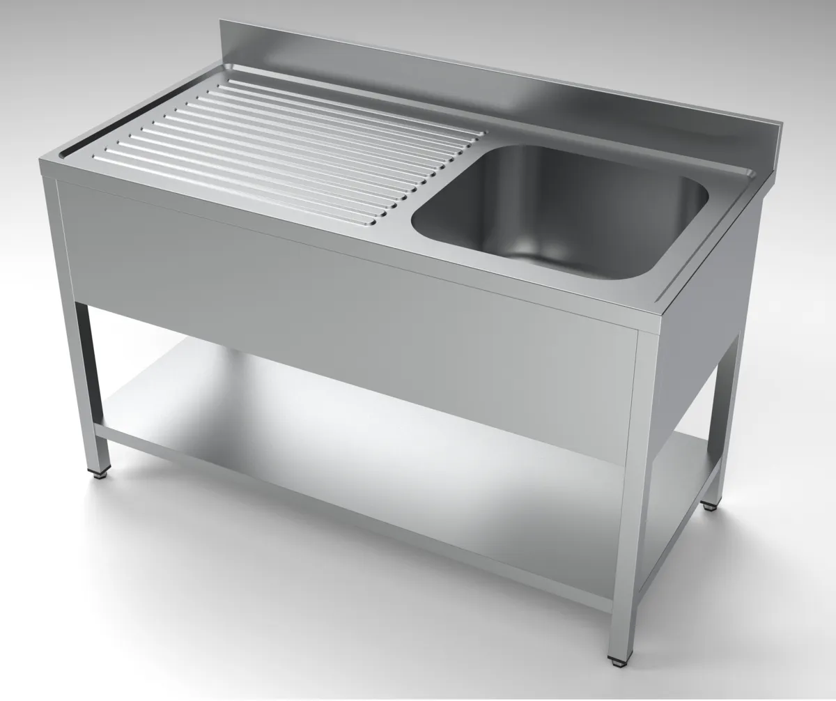 Spüle 1 Becken und Abtropffläche links mit Rückwand und Regal - L 1400 x T 700 mm