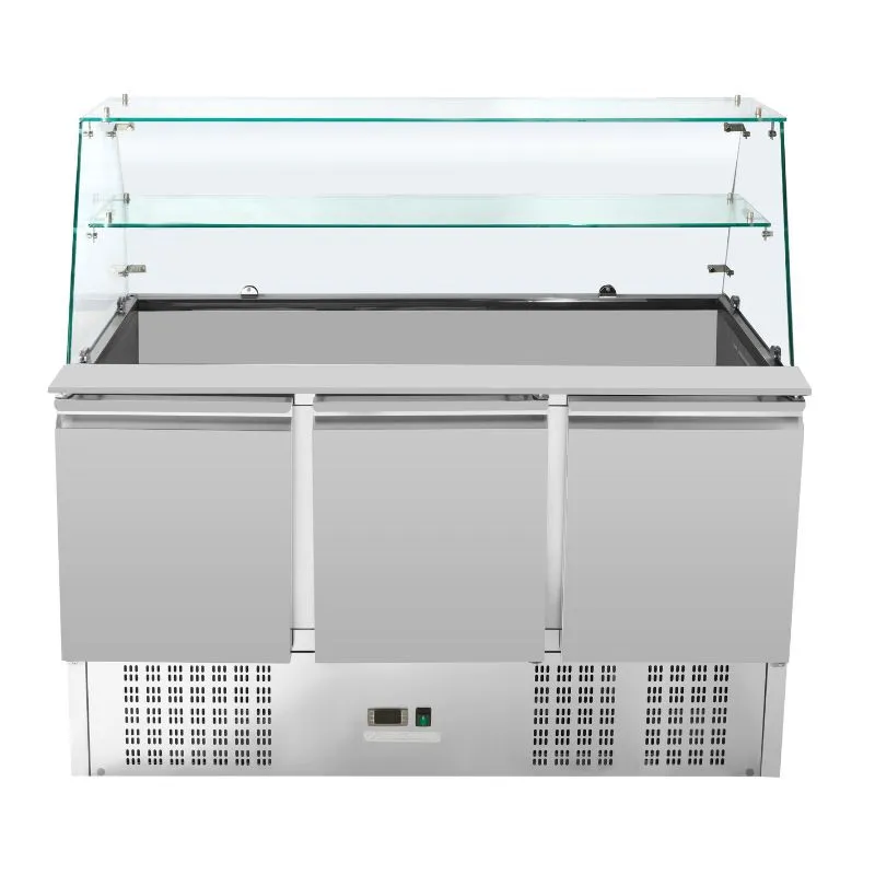 Saladette Kühltisch 3 Türen 368 L, Glasvitrine, GN 1/1 Behälter, 0/+10 °C, Edelstahl, Statische Kühlung