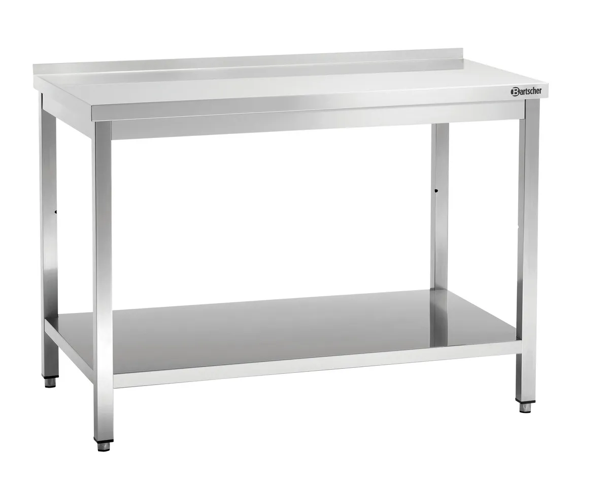 Edelstahl-Arbeitstisch mit unterem Regal und Aufkantung - T 700 mm - L 1400 mm