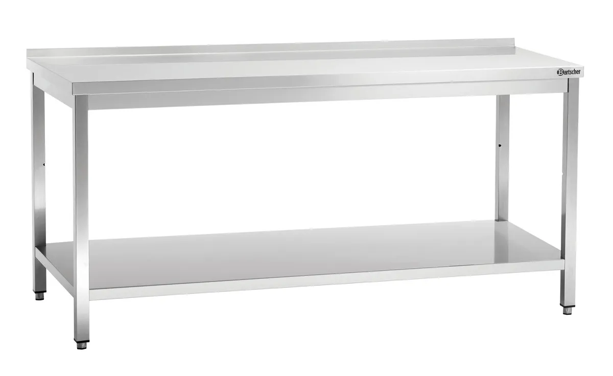 Edelstahl-Arbeitstisch mit unterem Regal und Aufkantung - T 700 mm - L 1800 mm