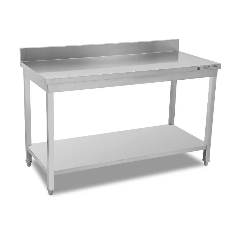 Professioneller Edelstahltisch 1400 x 600 mm mit Aufkantung und unterem Regal, Höhe 950 mm, AISI 201