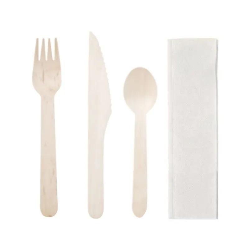 Besteck aus Birkenholz - 4-teiliges Set: Messer, Gabel, Löffel, Serviette - Packung mit 250