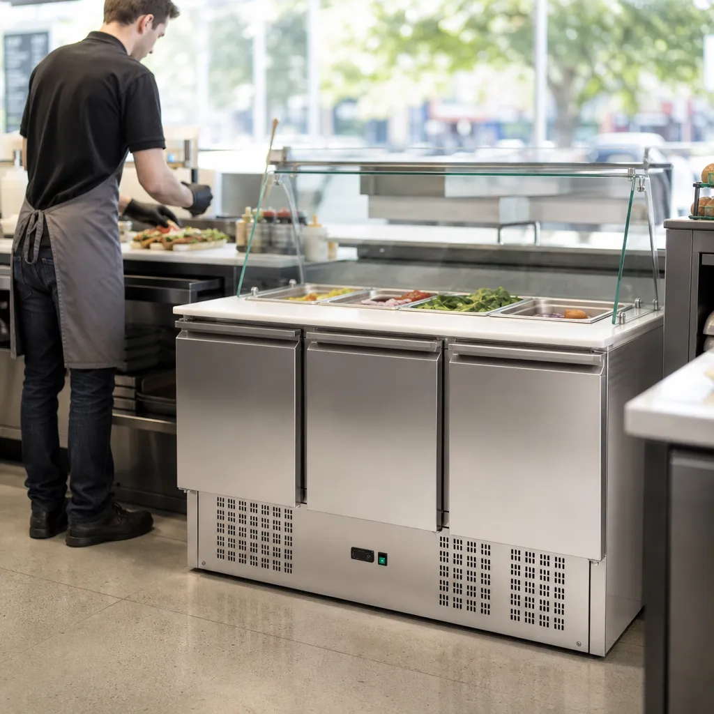 Gekühlte Saladette 248 L, 3 Schwingtüren, 4 GN 1/1 Bacs, Glaisvitrine, +2/+10 °C, Statik R290