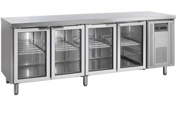 Tischkühlschrank mit Edelstahlrückwand - 4 Glastüren - GN 1/1