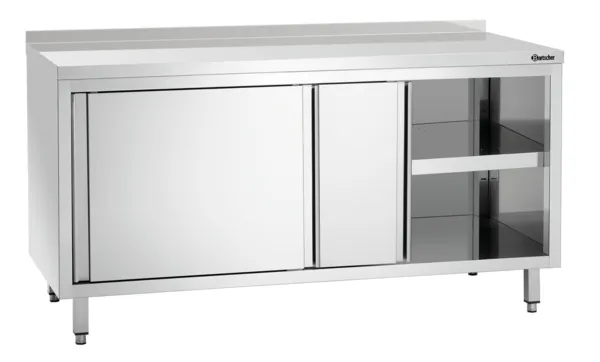 Möbel aus Edelstahl mit Schiebetüren, Regal und Rückwand - L 1600 mm