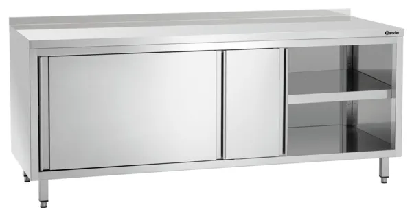 Möbel aus Edelstahl mit Schiebetüren, Regal und Rückwand - L 2000 mm