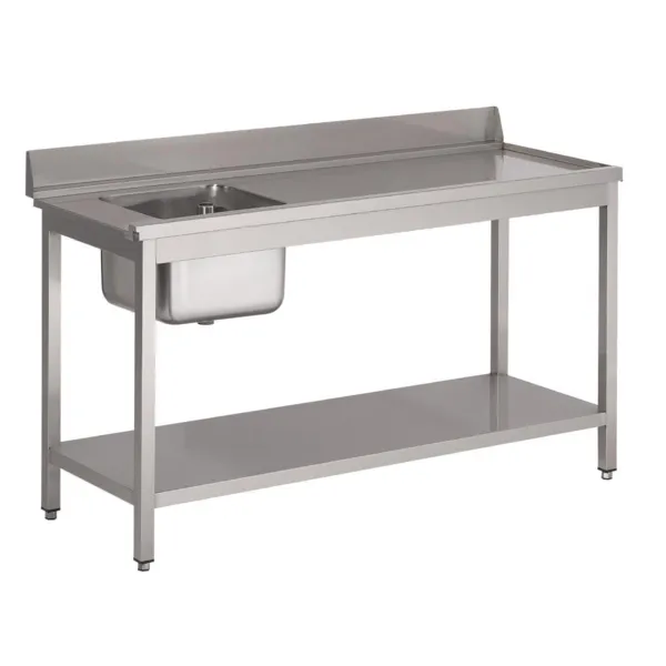 Eingangstisch für Geschirrspüler aus Edelstahl mit linksseitiger Wanne, Rückwand und unterem Regal - L 1000 x T 700mm