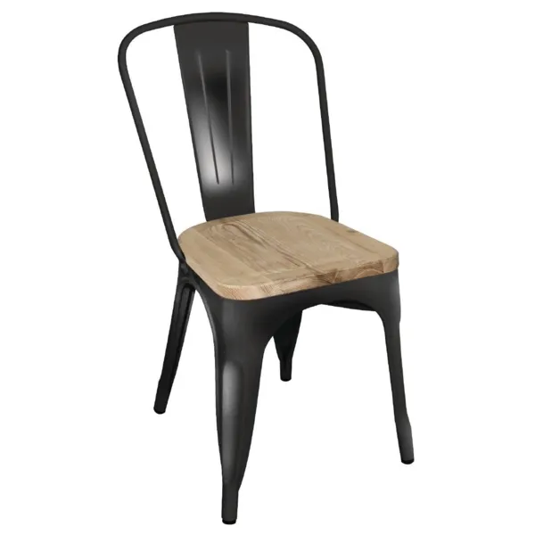 Schwarzer Stahlstuhl mit Holzsitz - 4er-Set