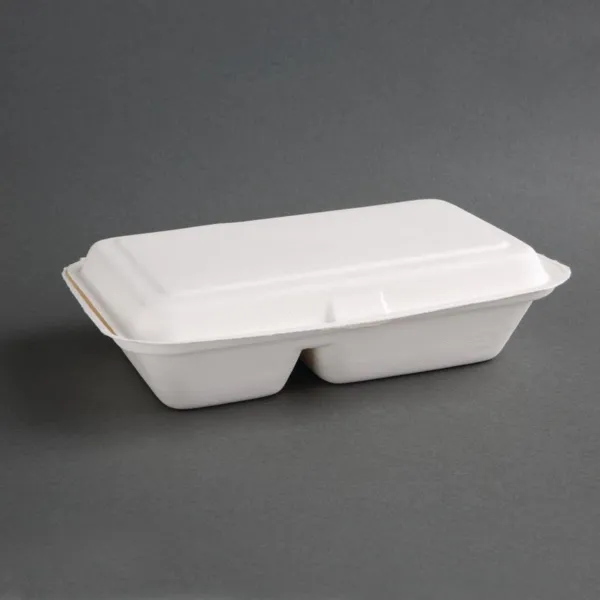 Zweikammerboxen mit Scharnierdeckel aus kompostierbarem Bagasse 253 mm - Packung mit 200
