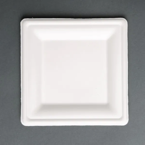 Kompostierbare quadratische Teller aus Bagasse 261 mm - Packung mit 50