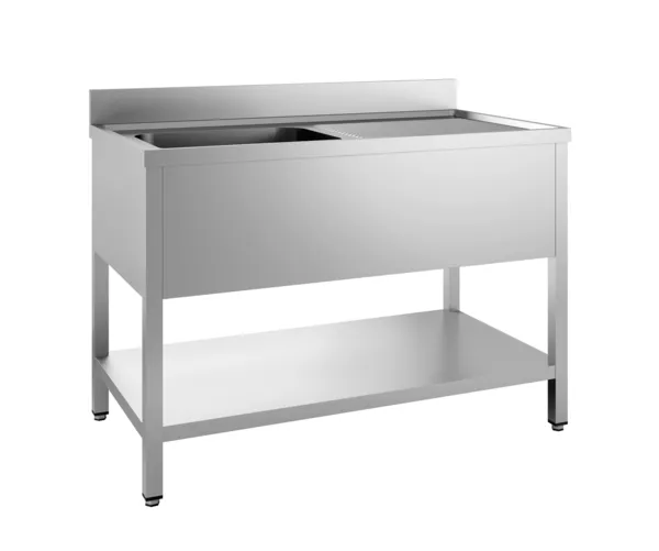 Spüle 1 Becken und Abtropffläche rechts mit Rückwand und Regal - L 2000 x T 600 mm