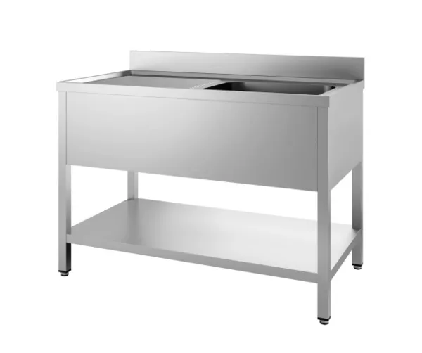 Spülbecken 1 Becken und Abtropffläche links mit Rückwand und abnehmbarem Regal - L 1200 x T 600 mm
