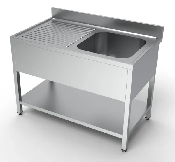Spüle 1 Becken und Abtropffläche links mit Rückwand und Regal - L 1200 x T 700 mm