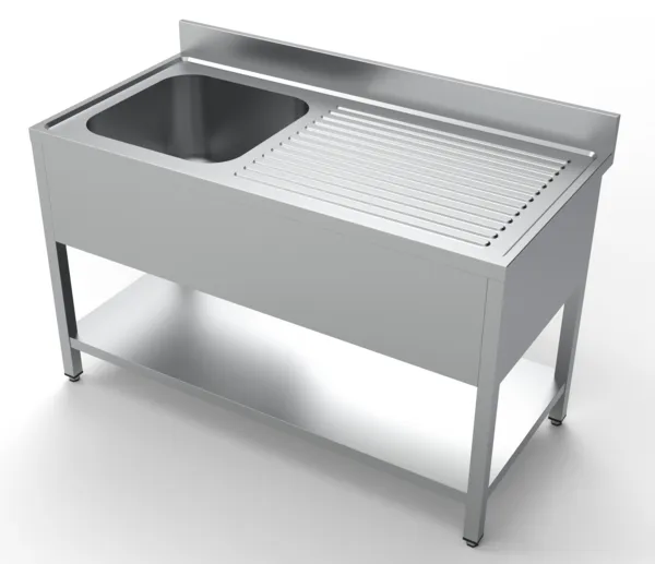 Spülbecken 1 Becken und Abtropffläche rechts mit Rückwand und Regal - L 1400 x T 700 mm