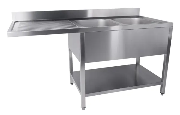 Tauchbecken 2 Becken und Durchgang für Geschirrspüler links mit Rückwand und abnehmbarem Regal - L 1600 x T 700 mm