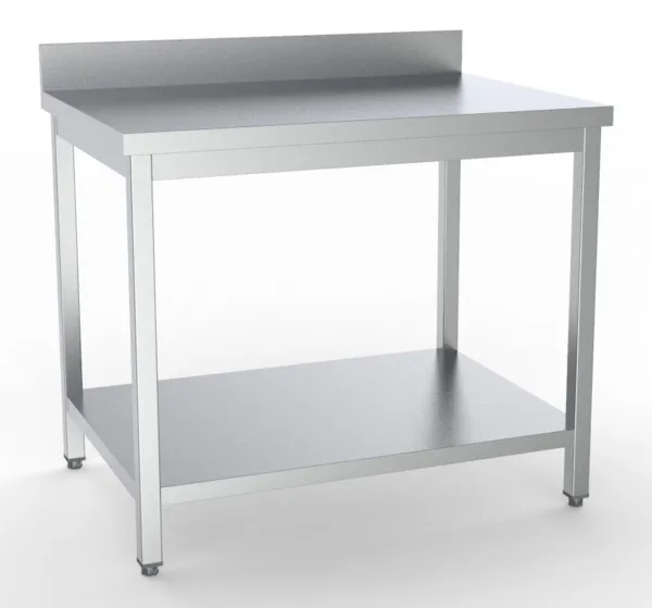 Edelstahltisch mit Aufkantung und Regal - L 700 x T 700 mm
