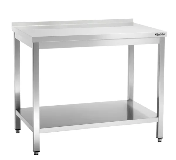 Edelstahl-Arbeitstisch mit unterem Regal und Aufkantung - T 700 mm - L 1000 mm