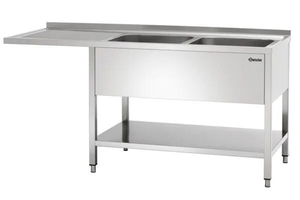 Tauchbecken 2 Becken mit Geschirrspülerdurchgang, Rückwand und Unterregal - L 1800 x T 700 mm